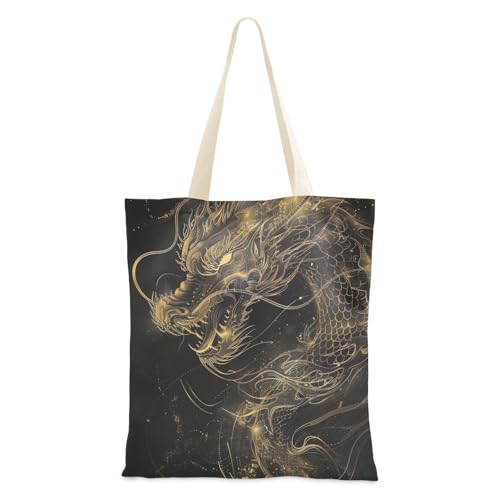 famyily Tragetasche aus Segeltuch, Drachenmotiv, mit Griffen, für Einkauf, wiederverwendbare Einkaufstaschen, Schwarz / goldfarben famyily Tragetasche aus Segeltuch, Drachenmotiv, mit Griffen, für Einkauf, wiederverwendbare Einkaufstaschen, Schwarz / goldfarben von famyily