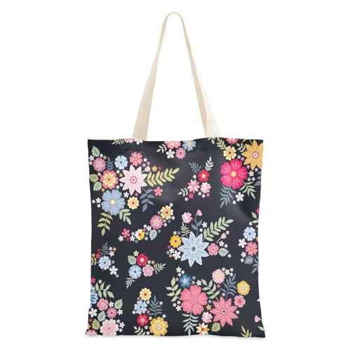famyily Tragetasche aus Segeltuch, bunte Blumen, schwarze Damen-Tragetasche für Lehrer, Stoffeinkaufstaschen famyily Tragetasche aus Segeltuch, bunte Blumen, schwarze Damen-Tragetasche für Lehrer, Stoffeinkaufstaschen von famyily
