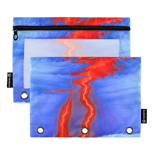 famyily Trendige, fluoreszierende rote Lightning-Bindertaschen, 3 Ringe mit Reißverschluss und transparentem Fenster, großes und stabiles Federmäppchen für 3 Schulklassen, Büro, Organizer, mehrfarbig von famyily