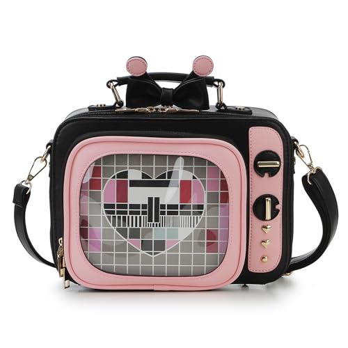 fancybag Ita Women's Pink TV Shoulder Bag Retro TV Design Unique See Through Window Enamel Pin Backpack von fancybag