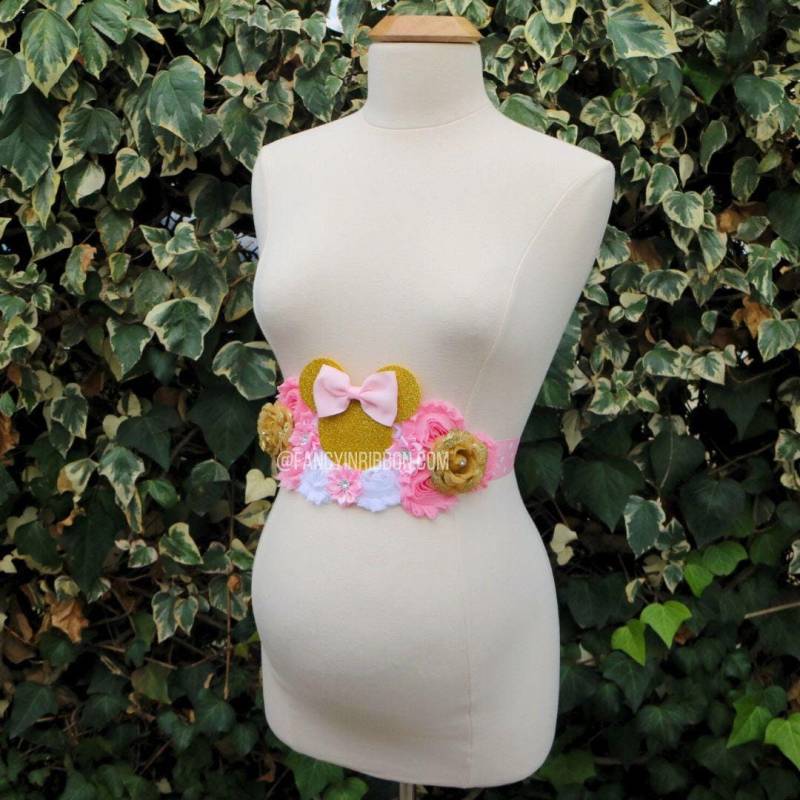 Rosa & Gold Prinzessin Bow Maus Baby Shower Mommy Floral Mutterschaft Bauch Schärpe von fancyinribbon
