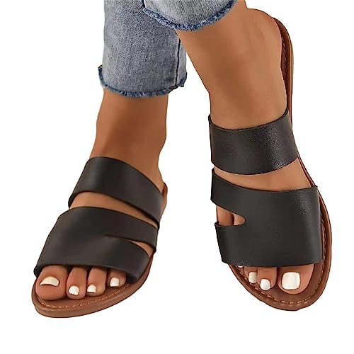Flache Damen-Sandalen – flache Gummisandalen für Damen, offene Zehen, zum Reinschlüpfen, Freizeitschuhe, große Größe zum Ausgehen, Baden, Einkaufen von fanelod