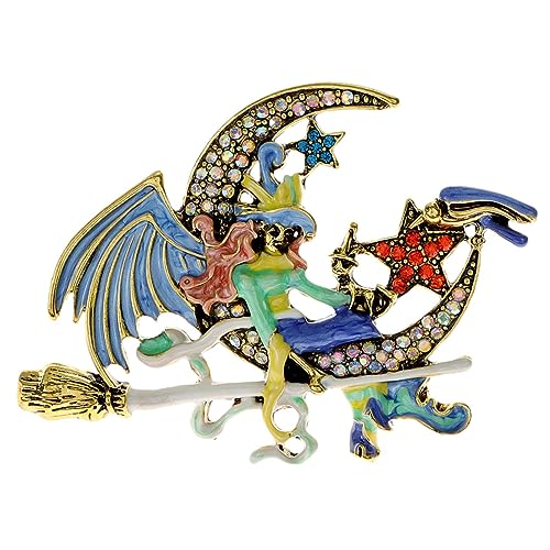 Hexen-Brosche, Anstecknadel – Hexe auf dem Mond liegend, Hexe und Mond, Strass-Brosche, Anstecknadel für Damen, Kinder von fanelod