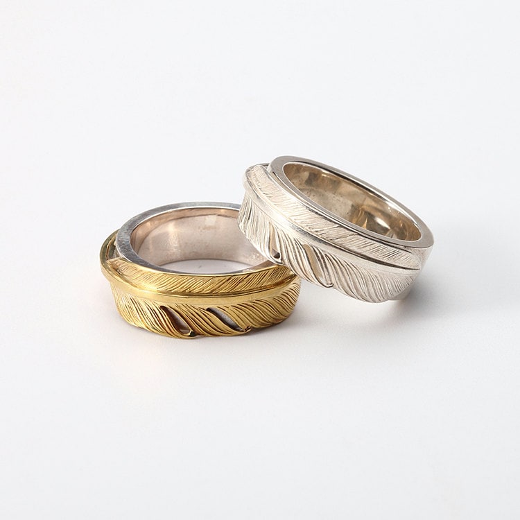 18K Gold Und Silber Feder Paar Ring - Sterling Seine Ihre Federbänder, Boho Versprechen Ringe Für Paare, Gravierte Silberband von fangjewelrystudio