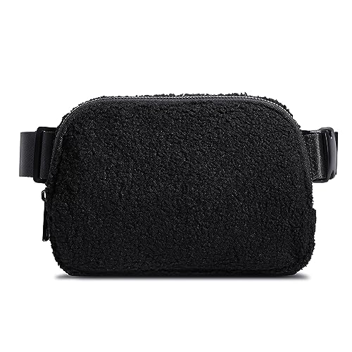 Fleece-Gürteltasche und Geldbörse für Damen, kleine Unisex-Hüfttasche mit verstellbarem Riemen, Sherpa-Crossbody-Bauchtasche, überall modische Brusttasche, Schwarz-1, Fleece Gürteltasche von fannos