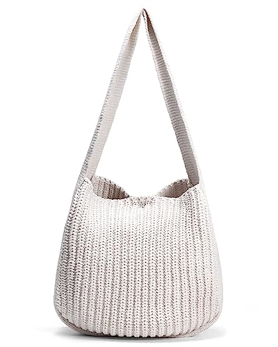 fannos Gehäkelte Strandtasche für Frauen, ästhetische Schultertasche, große Segeltuch, niedliche Tragetasche, Einkaufstasche, Weiss/opulenter Garten von fannos