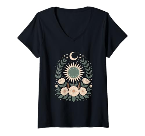 Damen Goblincore grüne mystische Sonne Mond Blumen Aesthetic T-Shirt mit V-Ausschnitt Damen Goblincore grüne mystische Sonne Mond Blumen Aesthetic T-Shirt mit V-Ausschnitt von fantasy mystisches Sonne und Mond Design