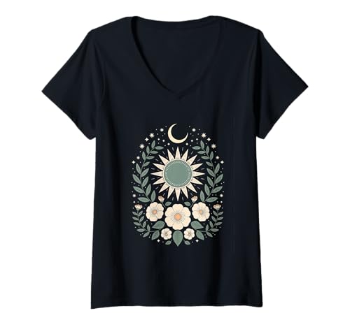 Damen Goblincore grüne mystische Sonne Mond Blumen Aesthetic T-Shirt mit V-Ausschnitt Damen Goblincore grüne mystische Sonne Mond Blumen Aesthetic T-Shirt mit V-Ausschnitt von fantasy mystisches Sonne und Mond Design