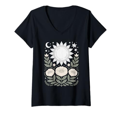 Damen Goblincore grüne mystische Sonne Mond Blumen Aesthetic T-Shirt mit V-Ausschnitt Damen Goblincore grüne mystische Sonne Mond Blumen Aesthetic T-Shirt mit V-Ausschnitt von fantasy mystisches Sonne und Mond Design