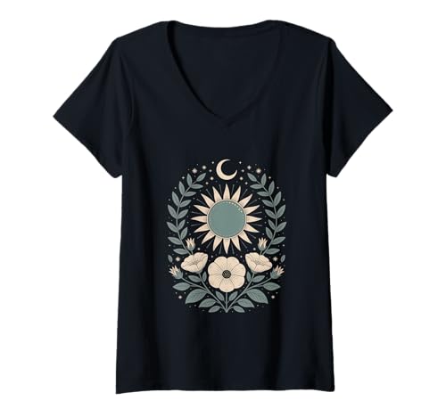 Damen Goblincore grüne mystische Sonne Mond Blumen Aesthetic T-Shirt mit V-Ausschnitt Damen Goblincore grüne mystische Sonne Mond Blumen Aesthetic T-Shirt mit V-Ausschnitt von fantasy mystisches Sonne und Mond Design