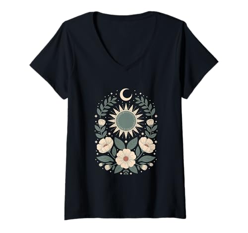 Damen Goblincore grüne mystische Sonne Mond Blumen Aesthetic T-Shirt mit V-Ausschnitt Damen Goblincore grüne mystische Sonne Mond Blumen Aesthetic T-Shirt mit V-Ausschnitt von fantasy mystisches Sonne und Mond Design