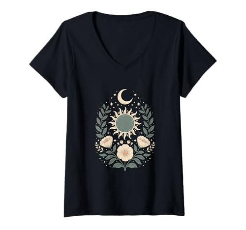 Damen Goblincore grüne mystische Sonne Mond Blumen Aesthetic T-Shirt mit V-Ausschnitt Damen Goblincore grüne mystische Sonne Mond Blumen Aesthetic T-Shirt mit V-Ausschnitt von fantasy mystisches Sonne und Mond Design