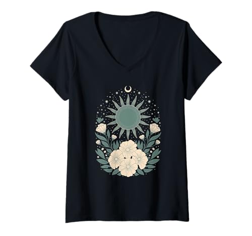 Damen Goblincore grüne mystische Sonne Mond Blumen Aesthetic T-Shirt mit V-Ausschnitt Damen Goblincore grüne mystische Sonne Mond Blumen Aesthetic T-Shirt mit V-Ausschnitt von fantasy mystisches Sonne und Mond Design