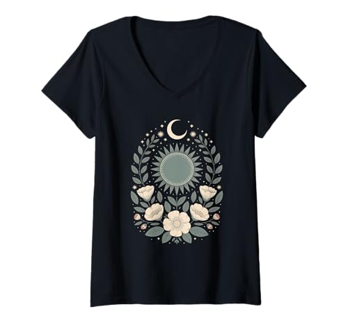 Damen Goblincore grüne mystische Sonne Mond Blumen Aesthetic T-Shirt mit V-Ausschnitt Damen Goblincore grüne mystische Sonne Mond Blumen Aesthetic T-Shirt mit V-Ausschnitt von fantasy mystisches Sonne und Mond Design