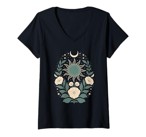 Damen Goblincore grüne mystische Sonne Mond Blumen Aesthetic T-Shirt mit V-Ausschnitt Damen Goblincore grüne mystische Sonne Mond Blumen Aesthetic T-Shirt mit V-Ausschnitt von fantasy mystisches Sonne und Mond Design