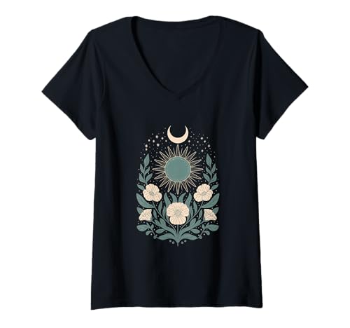 Damen Goblincore grüne mystische Sonne Mond Blumen Aesthetic T-Shirt mit V-Ausschnitt Damen Goblincore grüne mystische Sonne Mond Blumen Aesthetic T-Shirt mit V-Ausschnitt von fantasy mystisches Sonne und Mond Design