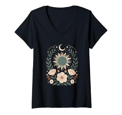 Damen Goblincore grüne mystische Sonne Mond Blumen Aesthetic T-Shirt mit V-Ausschnitt Damen Goblincore grüne mystische Sonne Mond Blumen Aesthetic T-Shirt mit V-Ausschnitt von fantasy mystisches Sonne und Mond Design
