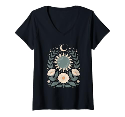 Damen Goblincore grüne mystische Sonne Mond Blumen Aesthetic T-Shirt mit V-Ausschnitt Damen Goblincore grüne mystische Sonne Mond Blumen Aesthetic T-Shirt mit V-Ausschnitt von fantasy mystisches Sonne und Mond Design
