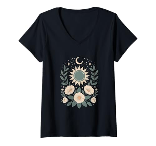 Damen Goblincore grüne mystische Sonne Mond Blumen Aesthetic T-Shirt mit V-Ausschnitt Damen Goblincore grüne mystische Sonne Mond Blumen Aesthetic T-Shirt mit V-Ausschnitt von fantasy mystisches Sonne und Mond Design