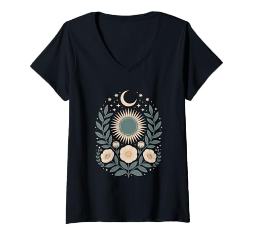 Damen Goblincore grüne mystische Sonne Mond Blumen Aesthetic T-Shirt mit V-Ausschnitt Damen Goblincore grüne mystische Sonne Mond Blumen Aesthetic T-Shirt mit V-Ausschnitt von fantasy mystisches Sonne und Mond Design