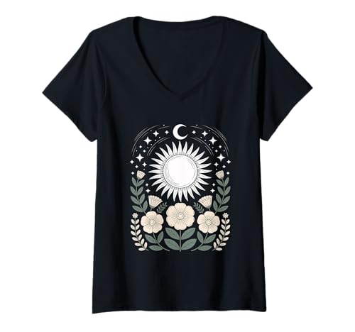 Damen Goblincore grüne mystische Sonne Mond Blumen Aesthetic T-Shirt mit V-Ausschnitt Damen Goblincore grüne mystische Sonne Mond Blumen Aesthetic T-Shirt mit V-Ausschnitt von fantasy mystisches Sonne und Mond Design