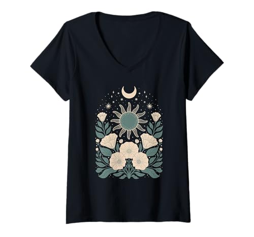 Damen Goblincore grüne mystische Sonne Mond Blumen Aesthetic T-Shirt mit V-Ausschnitt von fantasy mystisches Sonne und Mond Design