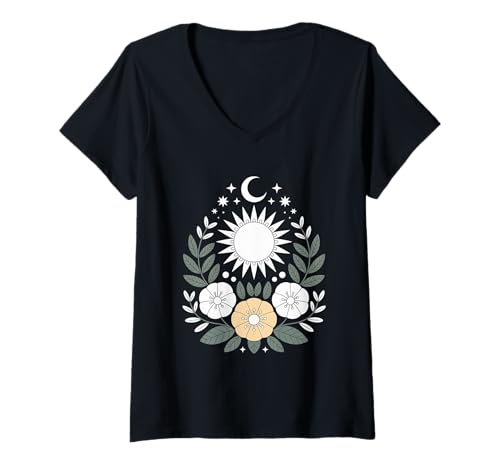 Damen Goblincore grüne mystische Sonne Mond Blumen Aesthetic T-Shirt mit V-Ausschnitt Damen Goblincore grüne mystische Sonne Mond Blumen Aesthetic T-Shirt mit V-Ausschnitt von fantasy mystisches Sonne und Mond Design