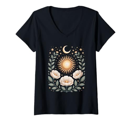 Damen Goblincore grüne mystische Sonne Mond Blumen Aesthetic T-Shirt mit V-Ausschnitt Damen Goblincore grüne mystische Sonne Mond Blumen Aesthetic T-Shirt mit V-Ausschnitt von fantasy mystisches Sonne und Mond Design