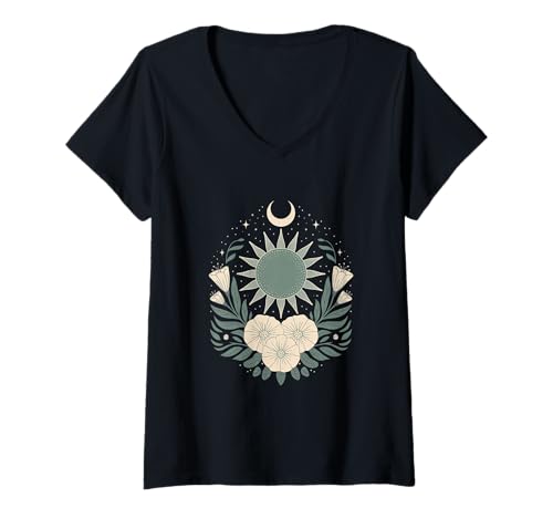 Damen Goblincore grüne mystische Sonne Mond Blumen Aesthetic T-Shirt mit V-Ausschnitt von fantasy mystisches Sonne und Mond Design