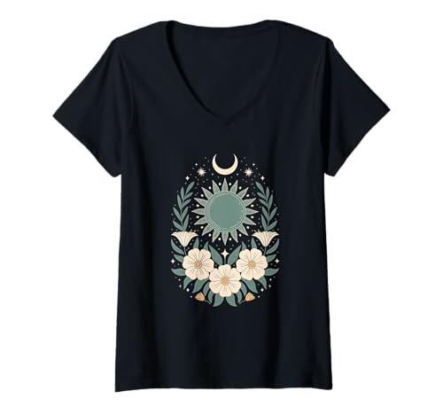 Damen Goblincore grüne mystische Sonne Mond Blumen Aesthetic T-Shirt mit V-Ausschnitt Damen Goblincore grüne mystische Sonne Mond Blumen Aesthetic T-Shirt mit V-Ausschnitt von fantasy mystisches Sonne und Mond Design