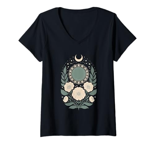 Damen Goblincore grüne mystische Sonne Mond Blumen Aesthetic T-Shirt mit V-Ausschnitt Damen Goblincore grüne mystische Sonne Mond Blumen Aesthetic T-Shirt mit V-Ausschnitt von fantasy mystisches Sonne und Mond Design