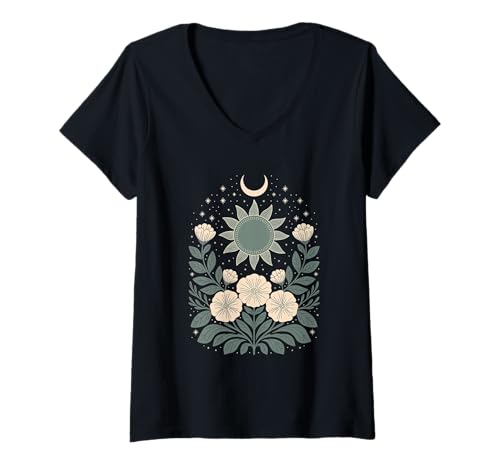 Damen Goblincore grüne mystische Sonne Mond Blumen Aesthetic T-Shirt mit V-Ausschnitt Damen Goblincore grüne mystische Sonne Mond Blumen Aesthetic T-Shirt mit V-Ausschnitt von fantasy mystisches Sonne und Mond Design