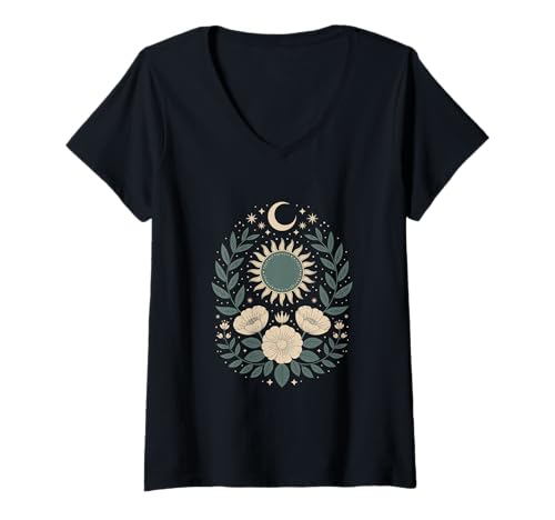 Damen Goblincore grüne mystische Sonne Mond Blumen Aesthetic T-Shirt mit V-Ausschnitt Damen Goblincore grüne mystische Sonne Mond Blumen Aesthetic T-Shirt mit V-Ausschnitt von fantasy mystisches Sonne und Mond Design