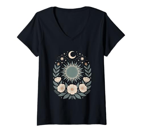 Damen Goblincore grüne mystische Sonne Mond Blumen Aesthetic T-Shirt mit V-Ausschnitt von fantasy mystisches Sonne und Mond Design