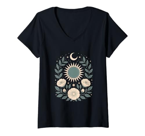 Damen Goblincore grüne mystische Sonne Mond Blumen Aesthetic T-Shirt mit V-Ausschnitt Damen Goblincore grüne mystische Sonne Mond Blumen Aesthetic T-Shirt mit V-Ausschnitt von fantasy mystisches Sonne und Mond Design
