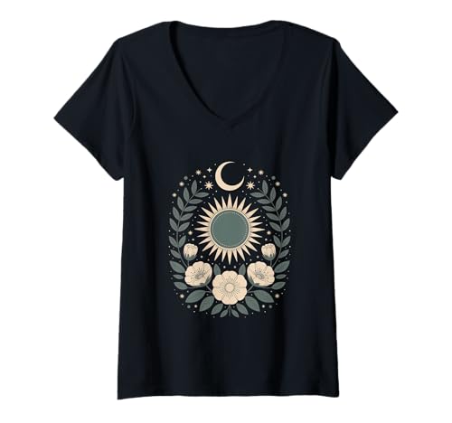 Damen Goblincore grüne mystische Sonne Mond Blumen Aesthetic T-Shirt mit V-Ausschnitt Damen Goblincore grüne mystische Sonne Mond Blumen Aesthetic T-Shirt mit V-Ausschnitt von fantasy mystisches Sonne und Mond Design