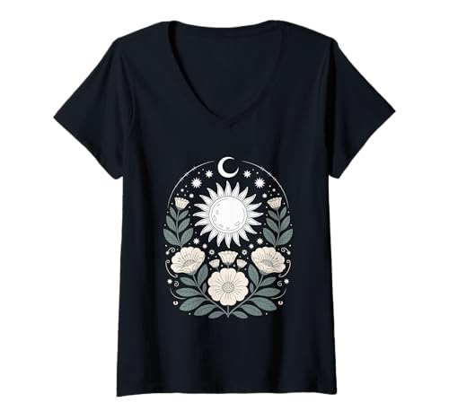 Damen Goblincore mystische Sonne Mond Mystical Blumen Aesthetic T-Shirt mit V-Ausschnitt Damen Goblincore mystische Sonne Mond Mystical Blumen Aesthetic T-Shirt mit V-Ausschnitt von fantasy mystisches Sonne und Mond Design