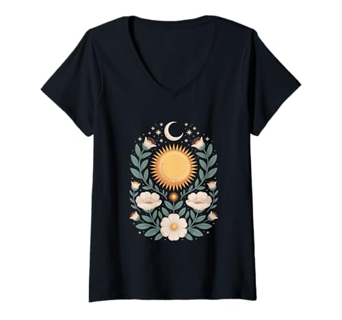 Damen Goblincore mystische Sonne Mond Mystical Blumen Aesthetic T-Shirt mit V-Ausschnitt Damen Goblincore mystische Sonne Mond Mystical Blumen Aesthetic T-Shirt mit V-Ausschnitt von fantasy mystisches Sonne und Mond Design