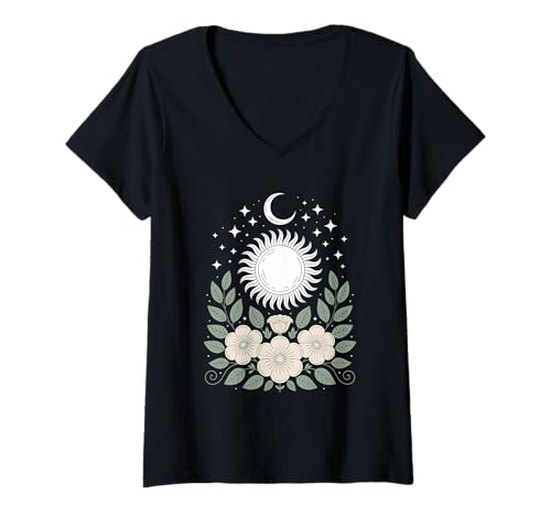 Damen Goblincore mystische Sonne Mond Mystical Blumen Aesthetic T-Shirt mit V-Ausschnitt Damen Goblincore mystische Sonne Mond Mystical Blumen Aesthetic T-Shirt mit V-Ausschnitt von fantasy mystisches Sonne und Mond Design