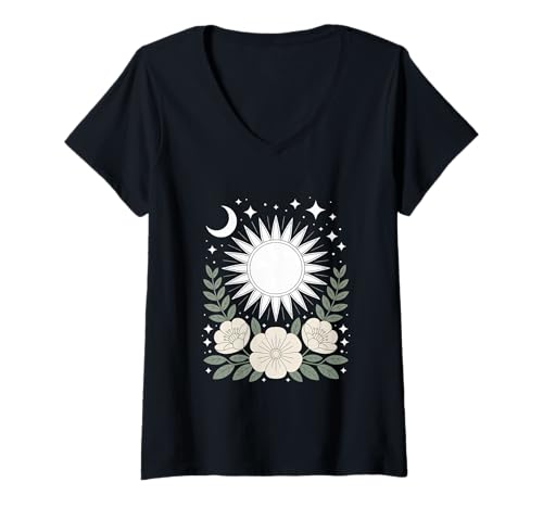 Damen Goblincore mystische Sonne Mond Mystical Blumen Aesthetic T-Shirt mit V-Ausschnitt von fantasy mystisches Sonne und Mond Design