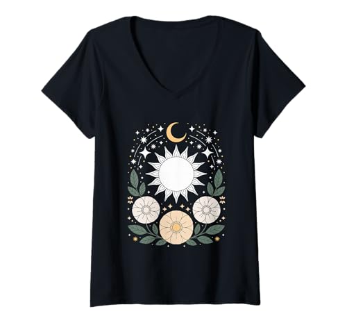 Damen Goblincore mystische Sonne Mond Mystical Blumen Aesthetic T-Shirt mit V-Ausschnitt Damen Goblincore mystische Sonne Mond Mystical Blumen Aesthetic T-Shirt mit V-Ausschnitt von fantasy mystisches Sonne und Mond Design