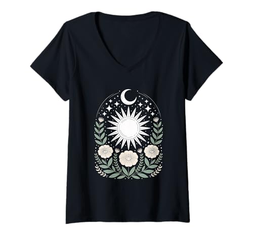 Damen Goblincore mystische Sonne Mond Mystical Blumen Aesthetic T-Shirt mit V-Ausschnitt Damen Goblincore mystische Sonne Mond Mystical Blumen Aesthetic T-Shirt mit V-Ausschnitt von fantasy mystisches Sonne und Mond Design