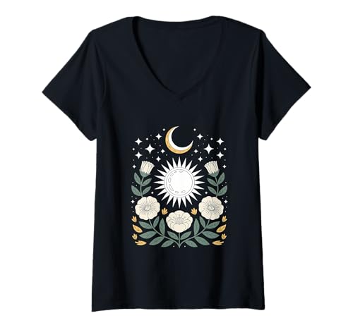 Damen Goblincore mystische Sonne Mond Mystical Blumen Aesthetic T-Shirt mit V-Ausschnitt Damen Goblincore mystische Sonne Mond Mystical Blumen Aesthetic T-Shirt mit V-Ausschnitt von fantasy mystisches Sonne und Mond Design
