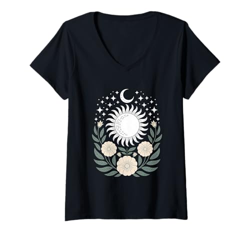 Damen Goblincore mystische Sonne Mond Mystical Blumen Aesthetic T-Shirt mit V-Ausschnitt Damen Goblincore mystische Sonne Mond Mystical Blumen Aesthetic T-Shirt mit V-Ausschnitt von fantasy mystisches Sonne und Mond Design