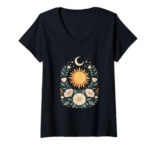 Damen Goblincore mystische Sonne Mond Mystical Blumen Aesthetic T-Shirt mit V-Ausschnitt Damen Goblincore mystische Sonne Mond Mystical Blumen Aesthetic T-Shirt mit V-Ausschnitt von fantasy mystisches Sonne und Mond Design