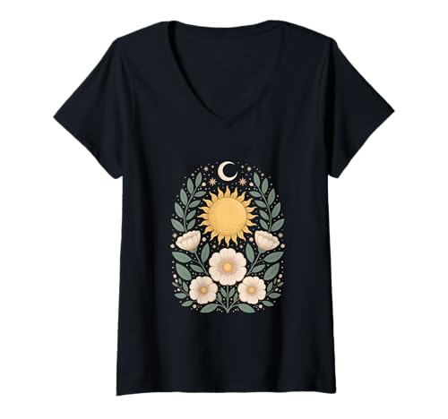 Damen Goblincore mystische Sonne Mond Mystical Blumen Aesthetic T-Shirt mit V-Ausschnitt Damen Goblincore mystische Sonne Mond Mystical Blumen Aesthetic T-Shirt mit V-Ausschnitt von fantasy mystisches Sonne und Mond Design