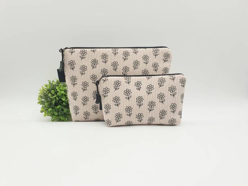 Kosmetiktasche Aus Cord Mit Blumendruck in Zwei Größen, Kleine Schminktasche Für Damen, Make-Up Tasche Ideal Unterwegs von farbfein