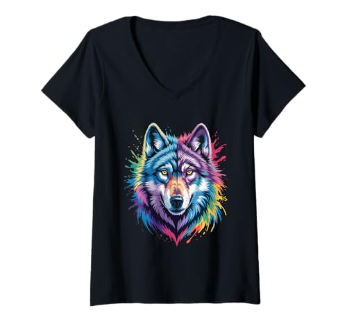 Damen wasserfarbender Fuchs im Splash Stil farbenfrohes T-Shirt mit V-Ausschnitt Damen wasserfarbender Fuchs im Splash Stil farbenfrohes T-Shirt mit V-Ausschnitt von farbige Tiere in Wasserfarben