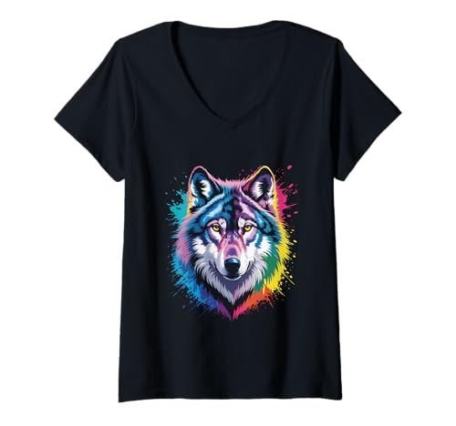 Damen wasserfarbender Fuchs im Splash Stil farbenfrohes T-Shirt mit V-Ausschnitt Damen wasserfarbender Fuchs im Splash Stil farbenfrohes T-Shirt mit V-Ausschnitt von farbige Tiere in Wasserfarben