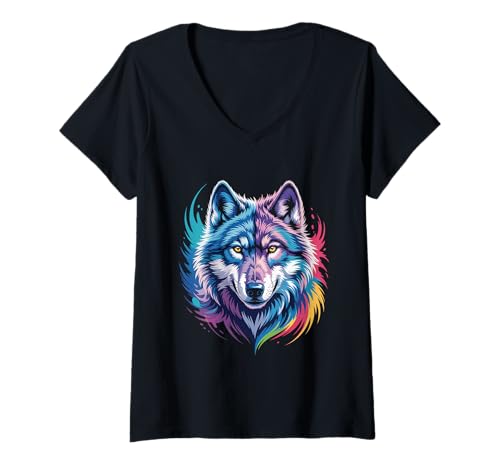 Damen wasserfarbender Fuchs im Splash Stil farbenfrohes T-Shirt mit V-Ausschnitt Damen wasserfarbender Fuchs im Splash Stil farbenfrohes T-Shirt mit V-Ausschnitt von farbige Tiere in Wasserfarben
